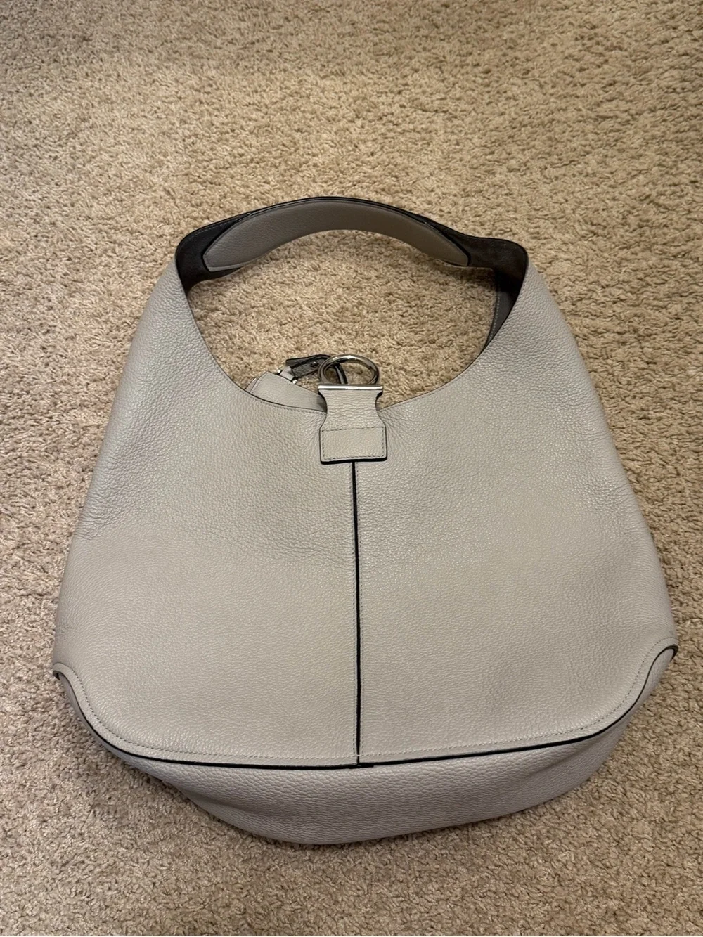 Structured Pebbled Leather Hobo Bag - Light Gray